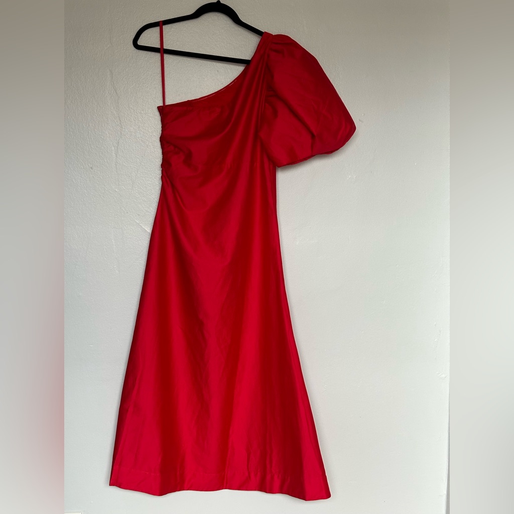 Aureta Studio Red One-Shoulder Puff-Sleeve Dress